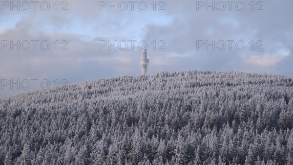 A snow-covered forest and a remote observation tower on a hill, view from Nusshardt towards Bacöfele on the Schneeberg, Fichtelgebirge, Bavaria