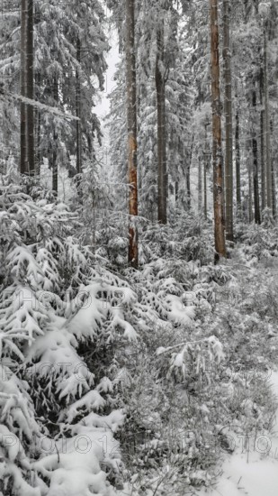Snowy forest with densely overgrown firs and a quiet atmosphere, Fichtelgebirge, Bavaria