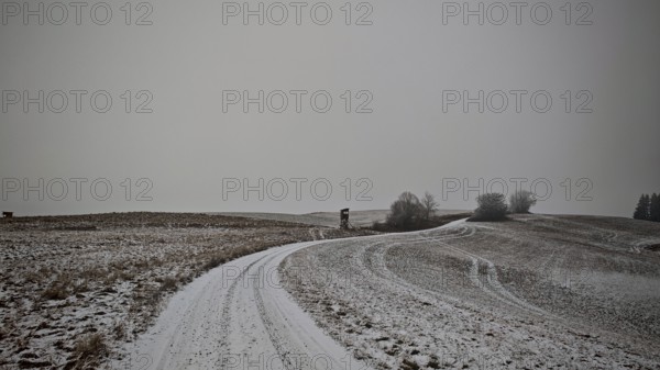 Snowy field with a winding path and grey sky, Franconian Forest nature park Park