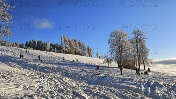 People sledding on a snowy hill under blue skies next to a house, Rennsteig, Thuringian Forest