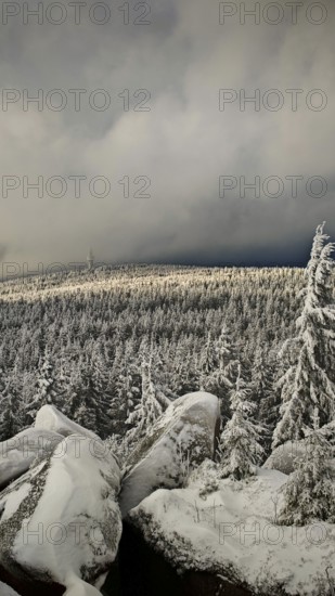 Snowy landscape with forest, tower and dramatic sky in the background, Fichtelgebirge, Bavaria