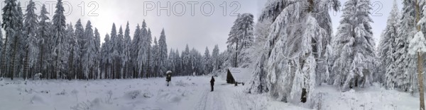 Snowy forest with hut and two people under cloudy sky, Rennsteig, Thuringian Forest