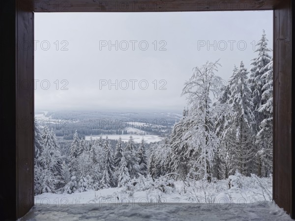 Snow-covered forest landscape viewed through a wooden frame, peaceful view, Franconian Forest