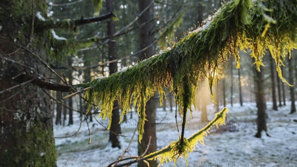 Snowy branches with green moss illuminated by sunlight in the forest, mystical, romantic, Franconian Forest nature park Park