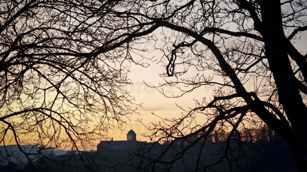 Castle surrounded by branches at sunset, with soft colors of the sky in the background