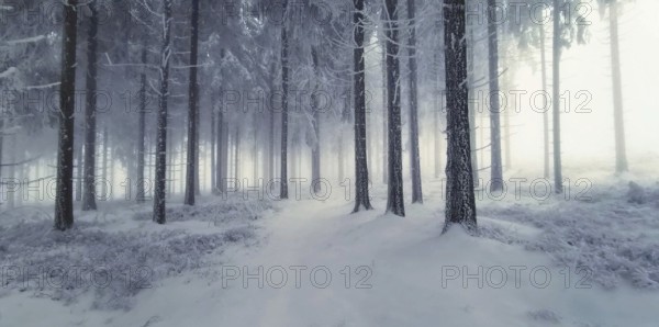 Snowy forest in winter with foggy, quiet atmosphere, mystical, romantic, Rennsteig, Thuringian Forest