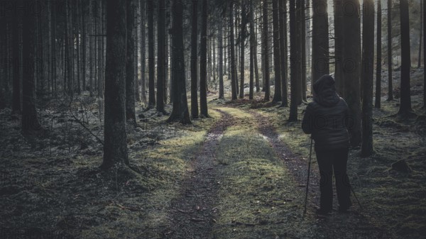 A person with Nordic walking sticks walks through a mossy forest path in the soft morning light