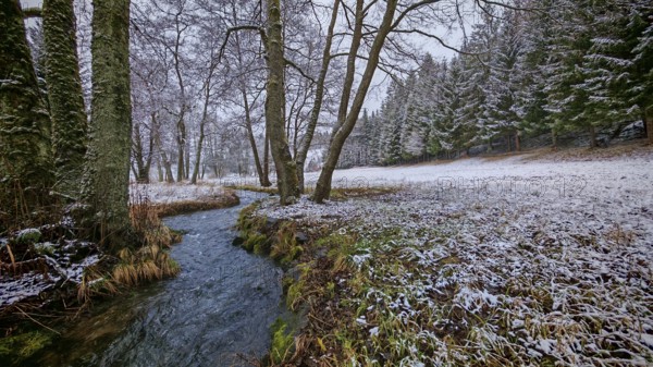A small stream flows through a slightly snow-covered meadow with trees, mystical, romantic, Franconian Forest nature park Park