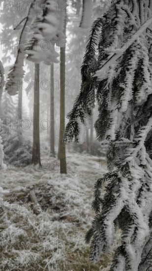 Close view of the icy branches in a quiet, foggy forest, Rennsteig, Frankenwald nature park Park