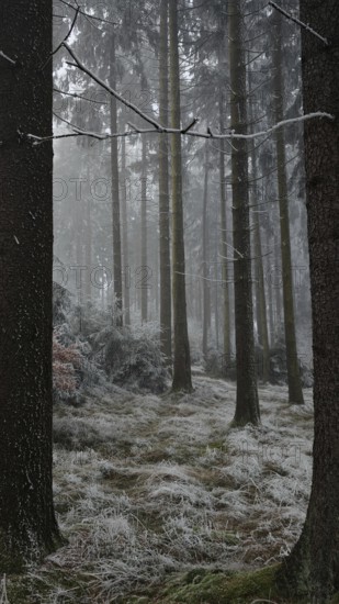 Tall trees in a foggy, frosty forest in wintry weather, mystical, romantic, Rennsteig, Franconian Forest