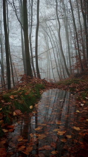 Forest trail with autumn leaves and a puddle under a foggy sky, mystical, romantic, Thuringian Forest