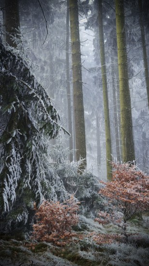 Snowy forest with trees, frosty atmosphere, mystical, romantic, Rennsteig, Frankenwald