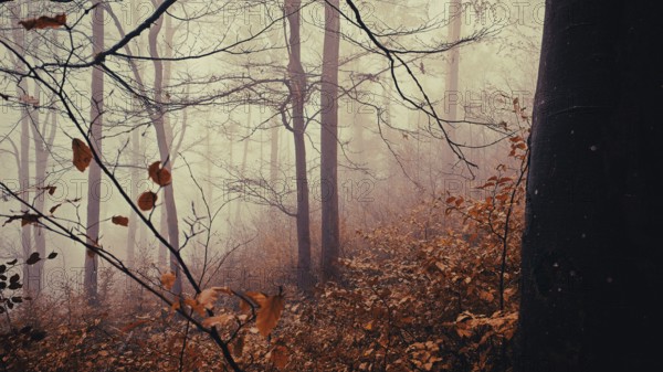 Brown forest with veils of fog and empty branches that radiate a mystical twilight, mystical, romantic, Frankenwald nature park Park