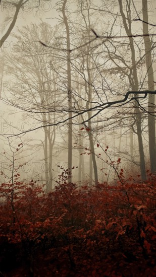 Picturesque foggy forest scene with dark trees and red autumn leaves, mystical, romantic, Franconian Forest nature park Park