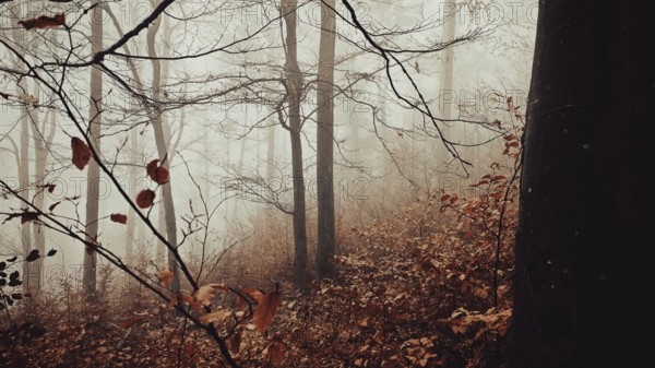 Foggy, brown and red colored forest with silent, melancholy shades, mystical, romantic, Franconian Forest nature park Park