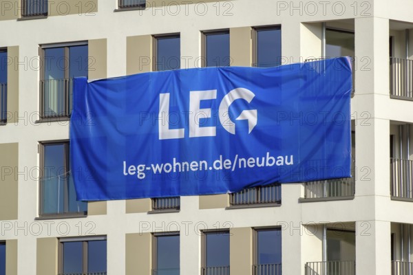 Essen, North Rhine-Westphalia, Germany - residential construction in the Ruhr area. New building district in Essen's southern quarter. LITERATUR-QUARTIER with six to eight-storey buildings in the energy-saving KfW Efficiency House Standard 55. LEG rents 236 apartments here, including 52 price-based social housing