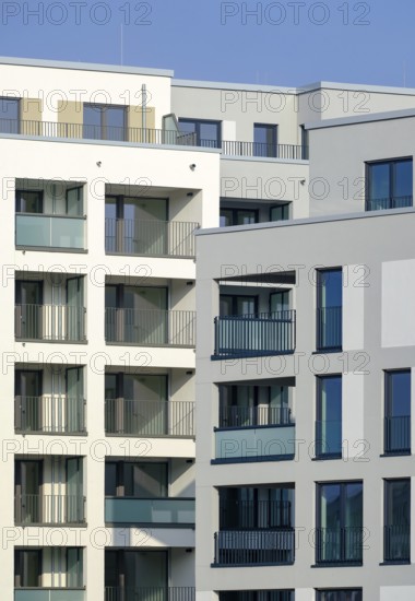 Essen, North Rhine-Westphalia, Germany - residential construction in the Ruhr area. New building district in Essen's southern quarter. LITERATUR-QUARTIER with six to eight-storey buildings in the energy-saving KfW Efficiency House Standard 55. LEG rents 236 apartments here, including 52 price-based social housing