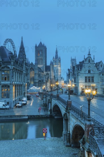 Ghent, Belgium, Flanders. The Cathedral and Historical Town from a bridge