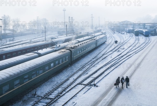 Irkutsk, Siberia, Russia. The train station where the Trans-Siberian railway stops mid-way in its journey to and fro Moscow Vladivostok during a snow storm