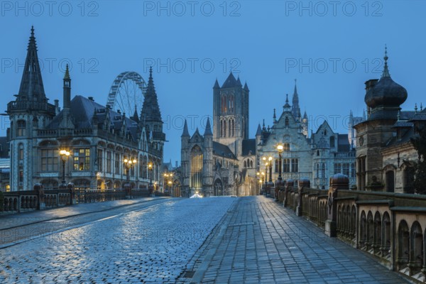 Ghent, Belgium, Flanders. The Cathedral and Historical Town from a bridge. UNESCO