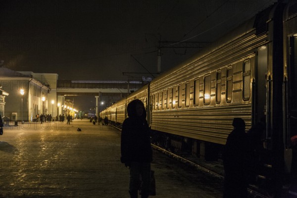 Siberia, Russia. One of the numerous stops on the Trans-Siberian railway at night