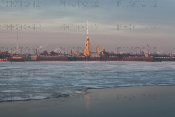 St Petersburg, Russia. Vasilevsky Island as seen from the partially frozen Neva river