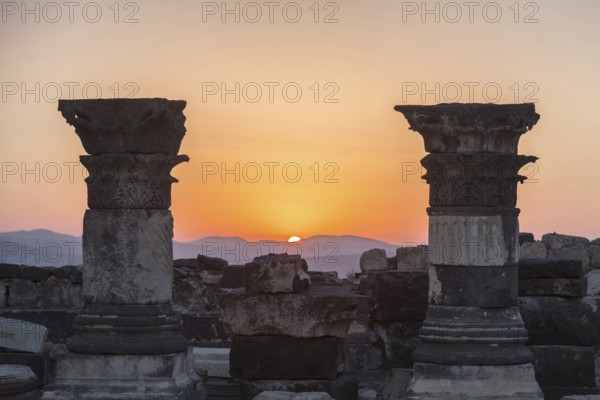 Galilee, Israel, Middle East. Ruins from the magnificent Ancient city of Hippos or Sussita a Greco Roman city on top of the Golan Heights during sunset
