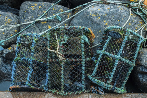 Highlands, Scotland, UK. Fishing nets at a bay