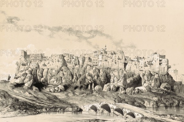 Yezd-i-Kast, ezdi-Khast, Yazd-e Khast a historically important site in the province of Fars in Iran, authentic, digitally restored reproduction from a 19th century model by Eugene Flandin (1809-1876), exact date of depiction unknown, Historical