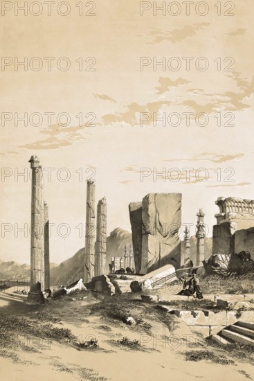 Ruins of Persepolis, Iran, authentic, digitally restored reproduction from a 19th century model by Eugene Flandin (1809-1876), exact date of depiction unknown, Historical