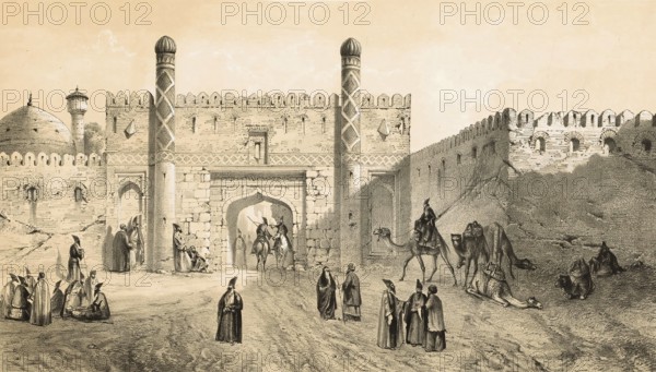 City gates in old Tehran, Iran, authentic, digitally restored reproduction from a 19th century model by Eugene Flandin (1809-1876), exact date of depiction unknown, Historical