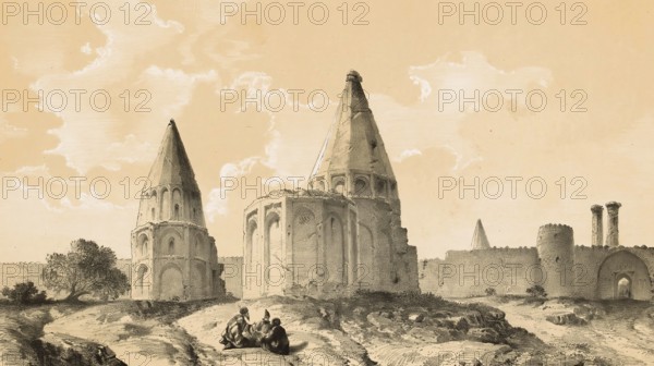 Tomb columns, tomb tombs in Qom, Iran, authentic, digitally restored reproduction from a 19th century model by Eugene Flandin (1809-1876), exact date of depiction unknown, Historical