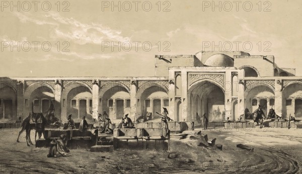 The inner courtyard of the caravanserai of Mahyar, also known as Mayar, is considered an outstanding example of Safavid architecture in Iran. The complex is located south of Isfahan on the road to Shiraz, authentic, digitally restored reproduction of a 19th century model by Eugene Flandin (1809-1876), exact date of depiction unknown, Historical