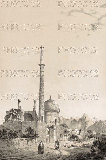 Baba Soukhteh Mosque, Mosquee Baba-Souctah, historical building in Isfahan, Iran, authentic, digitally restored reproduction from a 19th century model by Eugene Flandin (1809-1876), exact date of depiction unknown, Historical