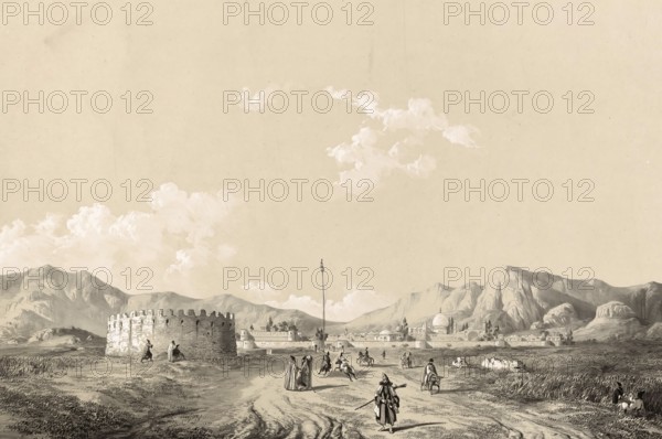 The Mamasani Tower near Shiraz in Iran, authentic, digitally restored reproduction from a 19th century model by Eugene Flandin (1809-1876), exact date of depiction unknown, Historical