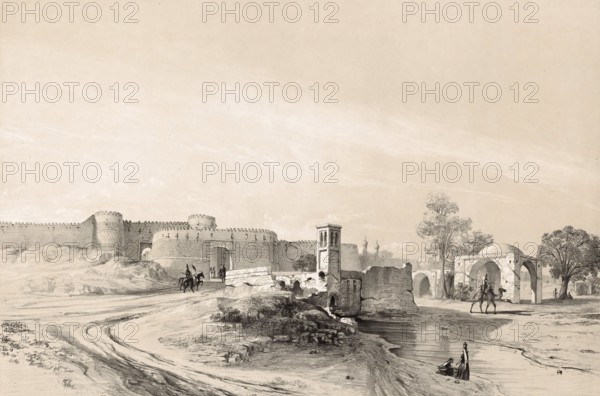 The Porte de Chimran, Porte de Shimran or Shemran-To, historic city gate in northern Tehran, which marked the entrance to the prosperous northern district of Shimran, Shemiran, and was part of the old city wall, Iran, authentic, digitally restored reproduction from a 19th century model by Eugene Flandin (1809-1876), exact date of depiction unknown, Historic