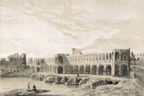 Pont Kadiou Bridge in Shiraz, Iran, authentic, digitally restored reproduction from a 19th century model by Eugene Flandin (1809-1876), exact date of depiction unknown, Historical