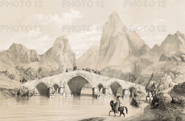 Pont du Kizil-Hauzen, also Kizil-Hauzen Bridge or Kiz Bridge, historic bridge over the river Qizil Uzun, Kizil Ozan, near Miyaneh in Iran, authentic, digitally restored reproduction from a 19th century model by Eugene Flandin (1809-1876), exact date of depiction unknown, Historic
