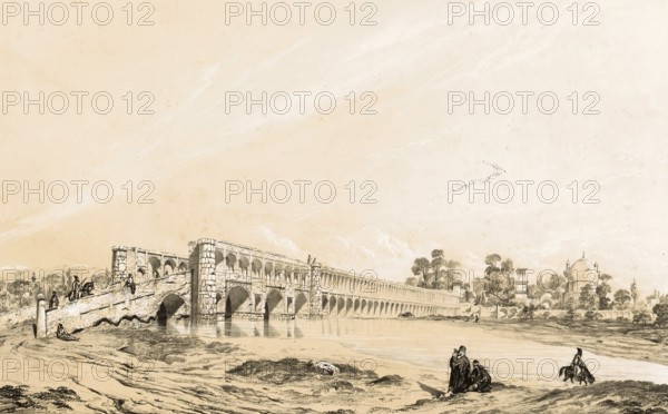 Pont de Djoulfa, Si-o-Se-Pol Bridge or the Khaju Bridge in Isfahan, located near the Armenian neighbourhood of Djoulfa, Jolfa, authentic, digitally restored reproduction from a 19th century model by Eugene Flandin (1809-1876), exact date of depiction unknown, Historical