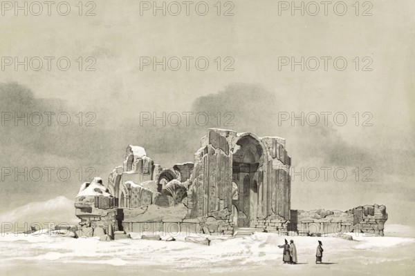 Ruin of a mosque near Tabriz, Iran, authentic, digitally restored reproduction of a 19th century model by Eugene Flandin (1809-1876), exact date of depiction unknown, Historical