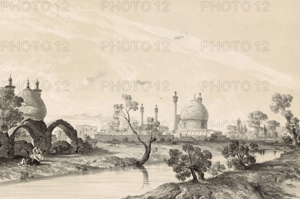The Mosquée du Chah is the famous Imam Mosque, Masjed-e Imam, formerly Shah Mosque on Naqsh-e-Jahan Square in Isfahan, Iran, authentic, digitally restored reproduction from a 19th century model by Eugene Flandin (1809-1876), exact date of depiction unknown, Historical