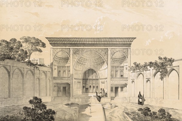 Maison de Hussein-Khan, House of Hussein Khan in Tabriz, Tabriz, historical Persian building, Iran, authentic, digitally restored reproduction from a 19th century model by Eugene Flandin (1809-1876), exact date of depiction unknown, Historical