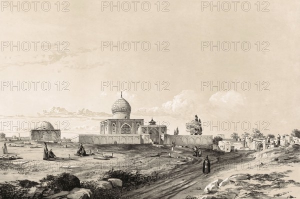 Imamzadeh Hossein, also known as Iman-zadeh Hussein, is an important religious site and mausoleum in the Iranian city of Qazvin, Casbin. The mausoleum houses the tomb of Shahzadeh Hossein, a son of the eighth Shia Imam, Imam Reza. He died in 816 AD in Qazvin, Iran, authentic, digitally restored reproduction from a 19th century model by Eugene Flandin (1809-1876), exact date of depiction unknown, Historical