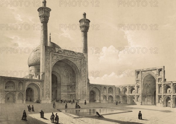 Courtyard, Great Mosque in Isfahan, Iran, authentic, digitally restored reproduction from a 19th century model by Eugene Flandin (1809-1876), exact date of depiction unknown, Historical
