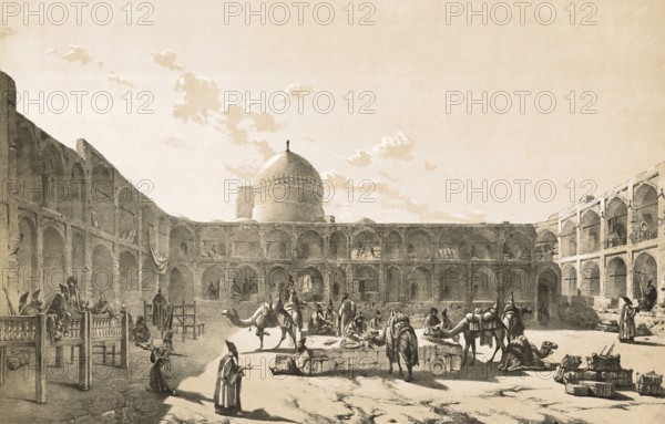 The caravanserai of Sa'd al-Saltaneh, Saraye Sa'd ol-Saltaneh, in Qazvin, also Casbin, Iran, is one of the best preserved urban caravanserais in the country, was built at the end of the 19th century during the Qajar era by order of the then governor Sa'd al-Saltaneh, authentic, digitally restored reproduction from a 19th century model by Eugene Flandin (1809-1876), exact date of depiction unknown, Historic