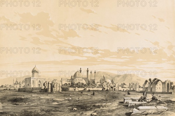 The historical cemetery in Isfahan, Persia, Iran, Takht-e-Foulad, authentic, digitally restored reproduction from a 19th century model by Eugene Flandin (1809-1876), exact date of depiction unknown, Historical