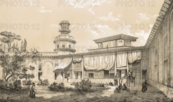Palais du Tchar-Bach, also Tchar-Bach, Char Bagh, historical palace complex in Isfahan, Iran, authentic, digitally restored reproduction from a 19th century model by Eugene Flandin (1809-1876), exact date of depiction unknown, Historical