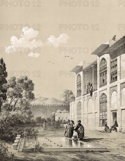 Arg of Karim Kha, also known as the Citadel of Shiraz, Iran, a historic citadel built in the 18th century by Karim Khan Zand and used as a residence and fortress, authentic, digitally restored reproduction from a 19th century model by Eugene Flandin (1809-1876), exact date of depiction unknown, Historic