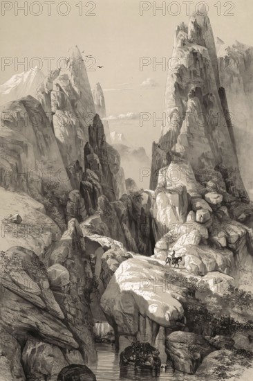 Gorge of the Old Woman or Pir-Zan Pass, mountain pass and a gorge in the Iranian province of Fars, Iran, authentic, digitally restored reproduction from a 19th century model by Eugene Flandin (1809-1876), exact date of depiction unknown, Historical