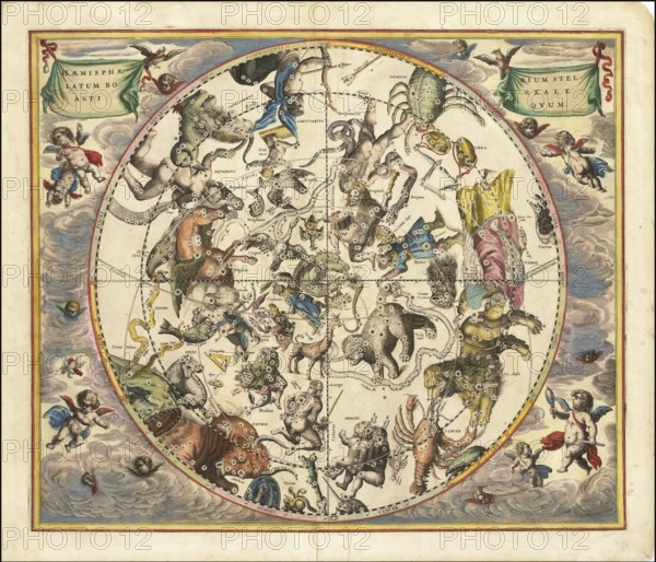 Celestial map entitled Hæmisphærium Stellatum Boreale Antiqvum, The Northern Stellar Hemisphere of Antiquity, by Andreas Cellarius. The map was originally published in 1660 in his famous atlas Harmonia Macrocosmica, one of the most magnificent celestial atlases ever produced. The map shows the constellations of the northern hemisphere (Boreale) as they were seen by ancient astronomers such as Ptolemy, and depicts the stars from a geocentric perspective centred on the Earth, digitally restored reproduction from a 17th century original, authentic, exact date of depiction unknown
